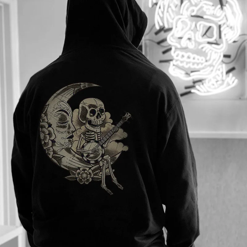 Moon and skull print loose hoodie designer -  