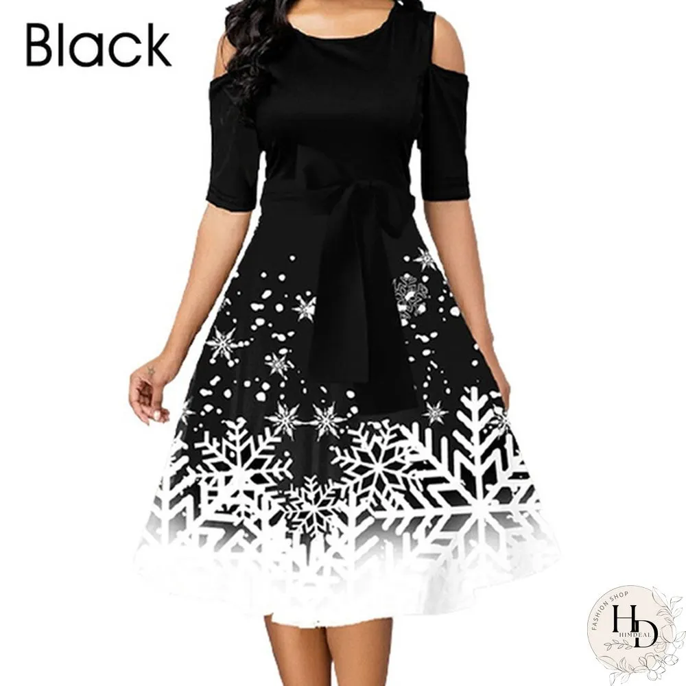 Womens Belted Snowflake Print Cold Shoulder Round-neck Elegant Dress Plus Size Fashion