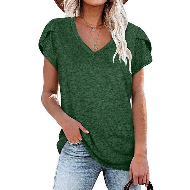 Women Solid Color V Neck T-Shirt 2021 Summer Casual Short Sleeve Blouses Shirts Female Basic Tees Loose Tops Plus Size Clothing