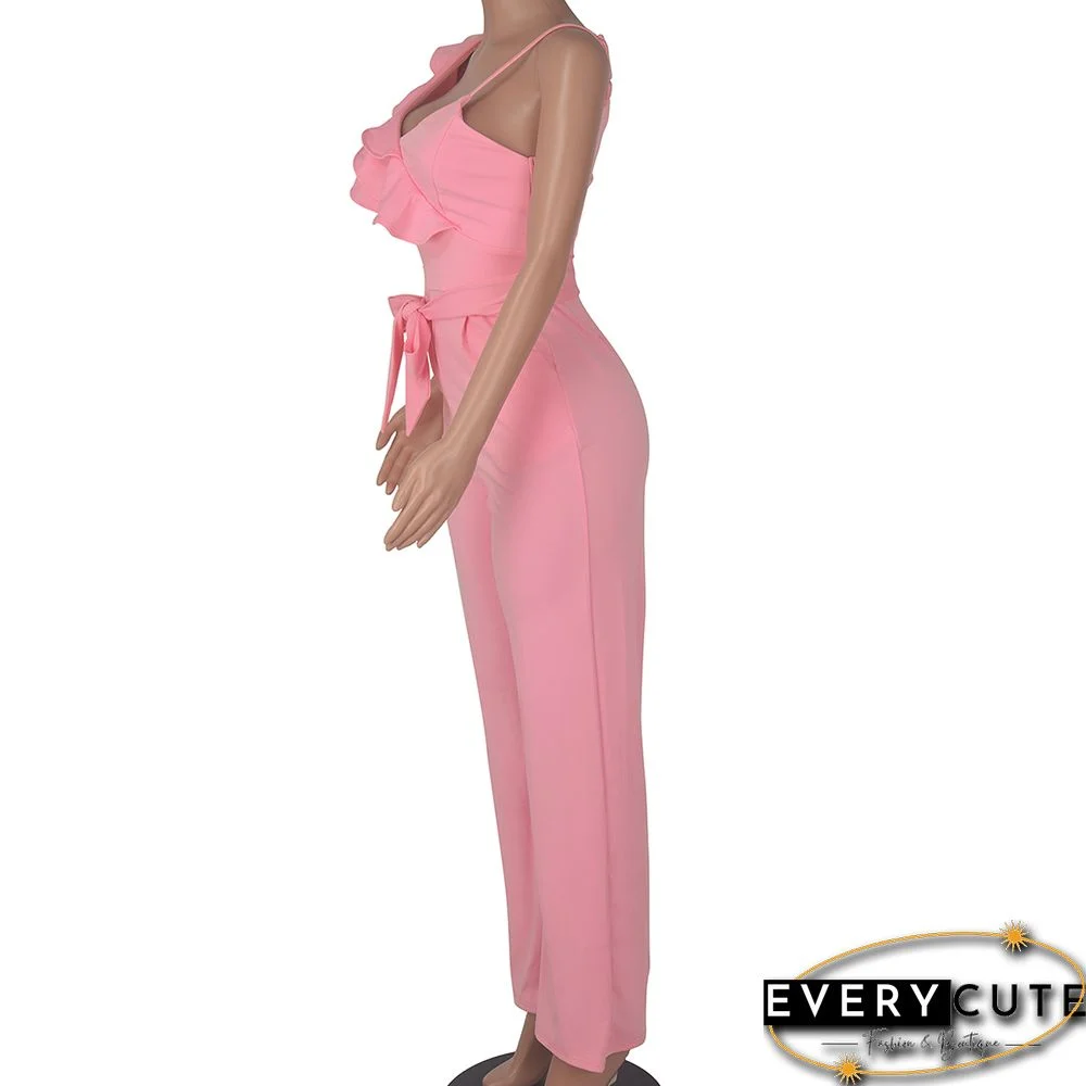 Pink Ruffle One Shoulder Sleeveless V Neck Jumpsuit