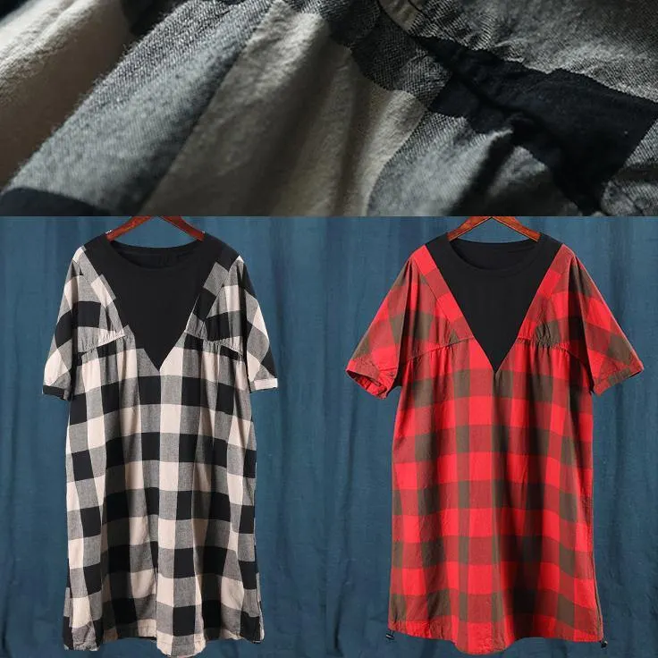 Bohemian o neck patchwork summer clothes linen black plaid Dresses