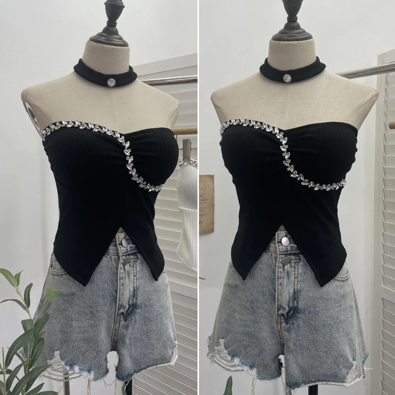 Uveng Thai-Style Hanging Neck Small Sling With Drill With Chest Pad Irregular Wearing Sleeveless Knitting Top 9211