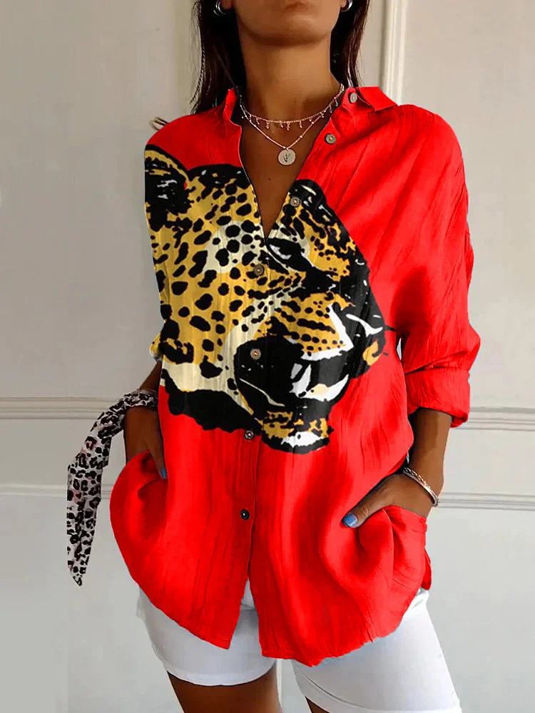 Vintage Leopard Print Casual Long Sleeve Shirt