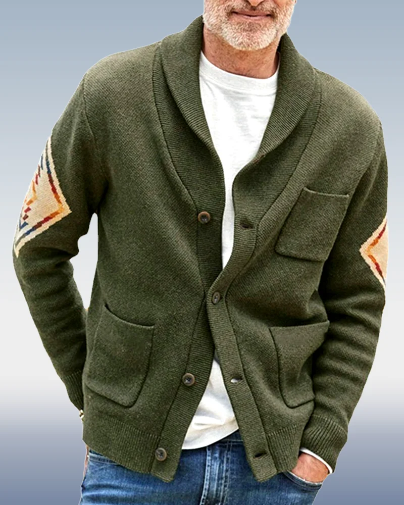 Men's Green Long Sleeve Cardigan Jacquard Sweater