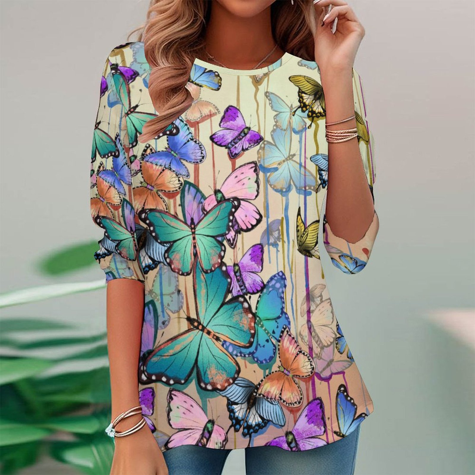 Women Long Sleeve V-neck Graphic Floral Printed Top