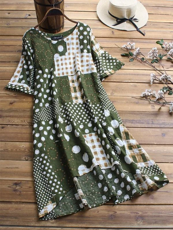 Ladies retro cotton and linen irregular print short-sleeved mid-length dress-Mayoulove