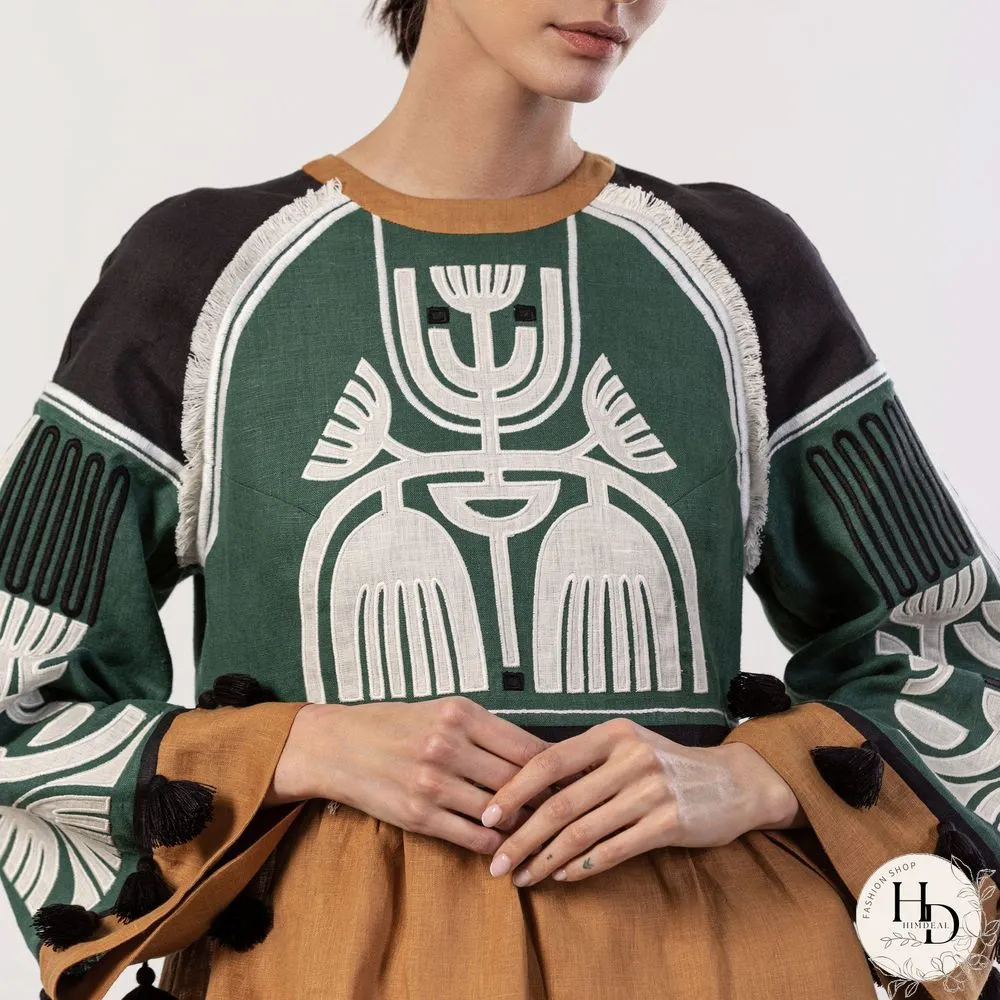 Color Block Printed Fringe Decorated Vacation Dress