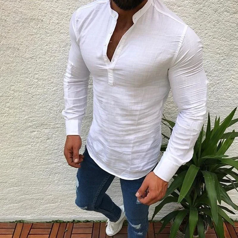 Men's Fashion Lapel Long Sleeve Solid Color Casual T-Shirts Linen