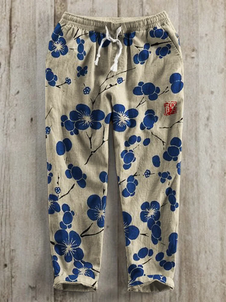 Cherry Blossom Japanese Lino Art Linen Blend Casual Pants