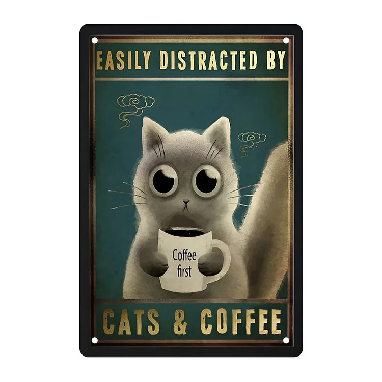 Chat - facilement distrait par les chats et le café Enseignes en étain vintage / Enseignes en bois - 7.9x11.8in et 11.8x15.7in