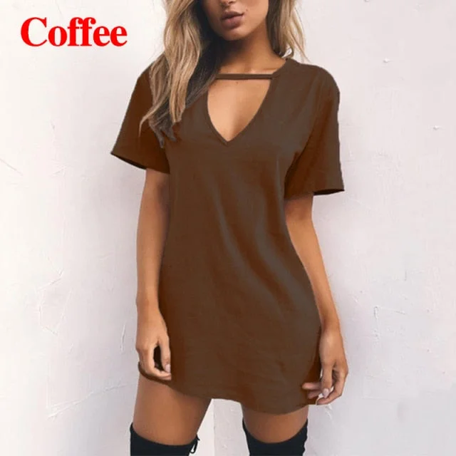 Women Tshirt Dress Choker V-neck Summer Dresses Mini T-Shirt Dress Short Sleeve Ladies Casual  Clothing