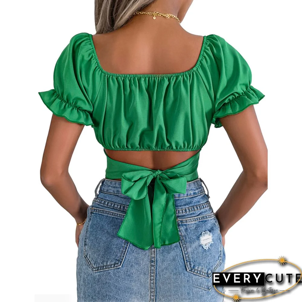 Green Back Lace-up Slim Waist Chiffon Crop Tops