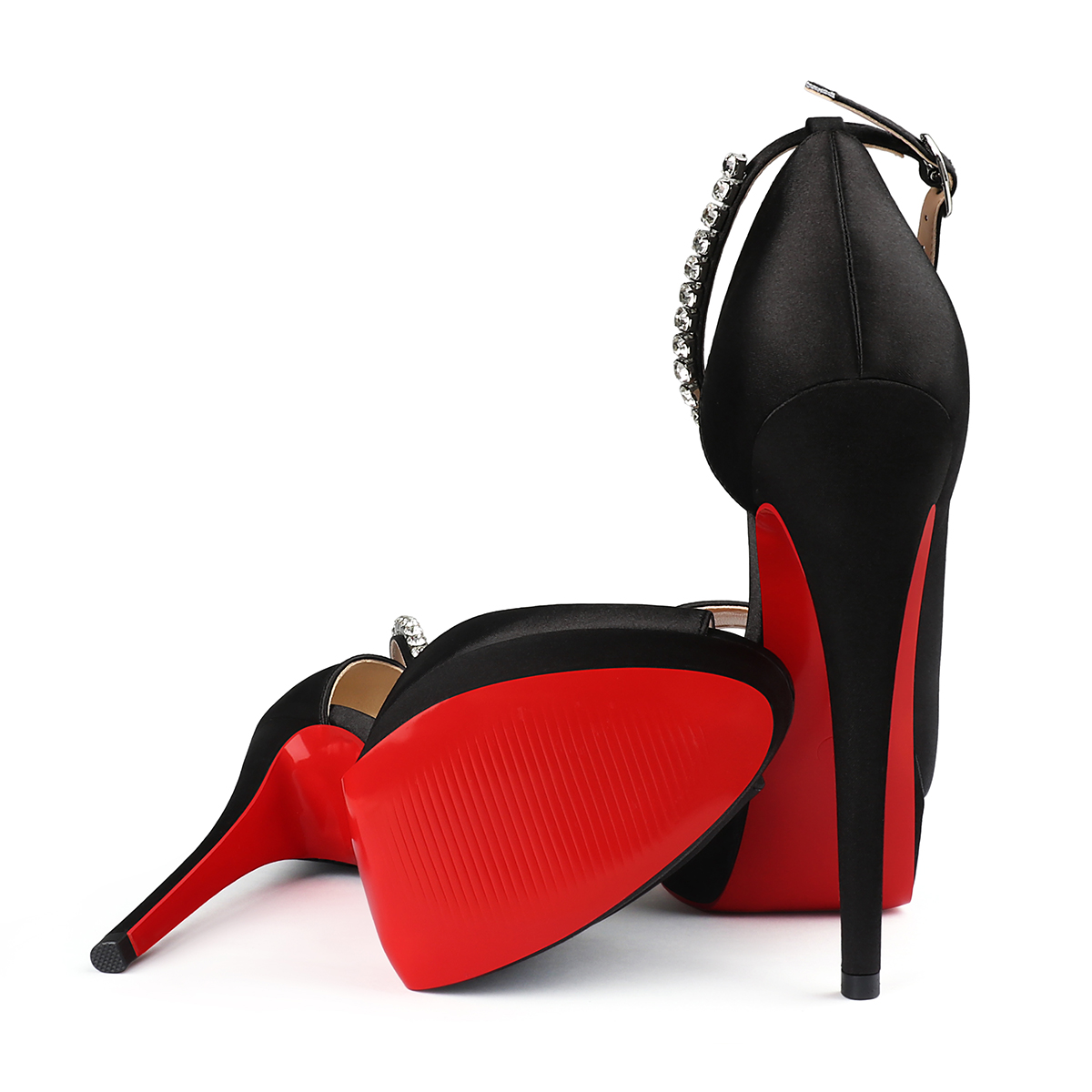 150mm Red Bottom Heels Sky High Platform Ankle strap Pumps Party Shoes Silk-MERUMOTE
