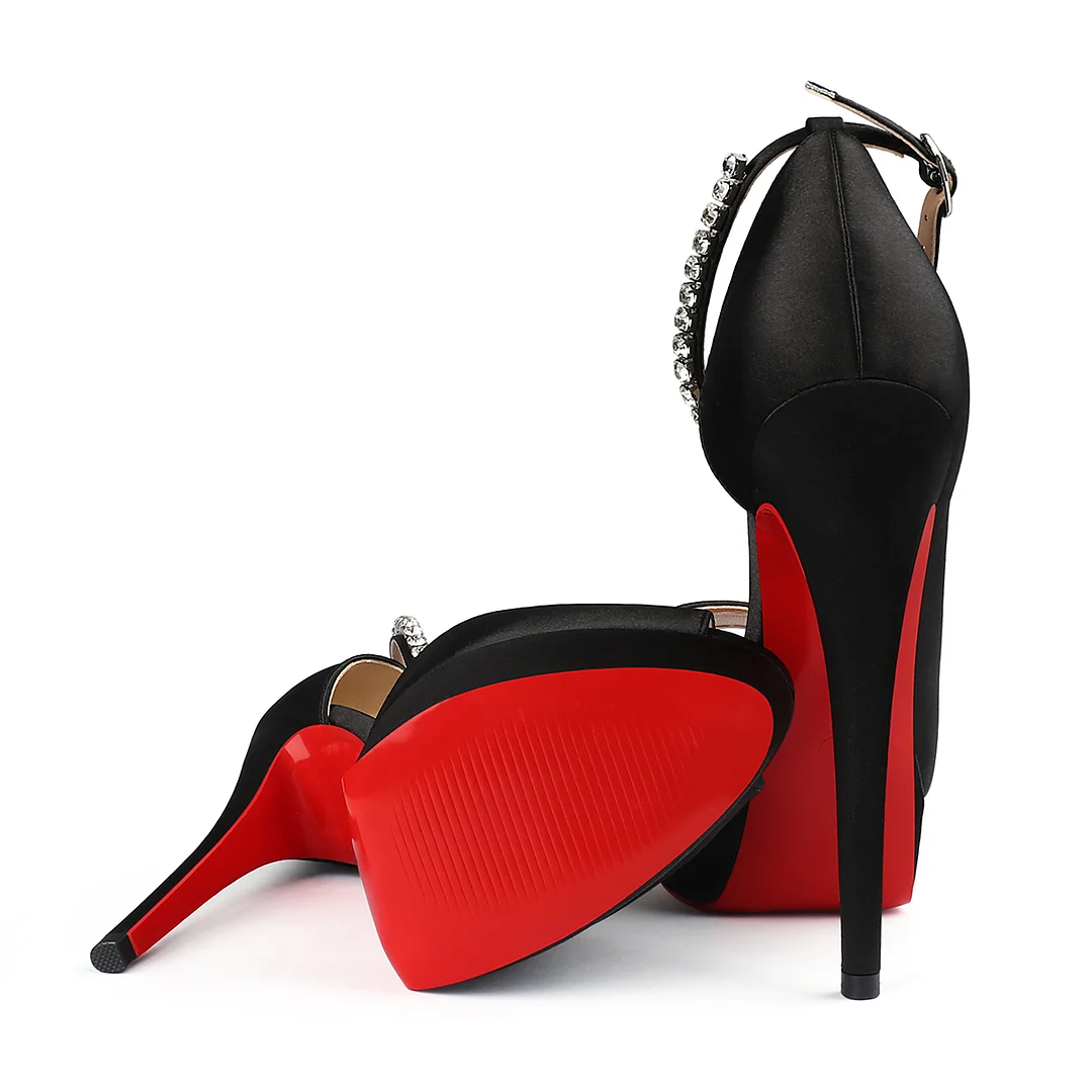 150mm Red Bottom Heels Sky High Platform Ankle strap Pumps Party Shoes Silk-MERUMOTE