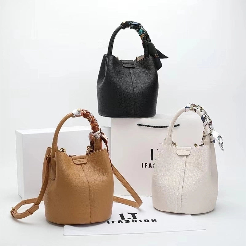 Women's Medium Leather Solid Color Elegant Bucket Open Bucket Bag