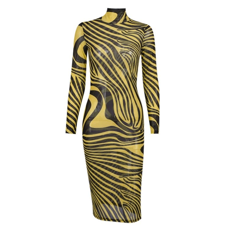 Hawthaw Women Autumn Long Sleeve Zebra Striped Printed Mesh See Through Bodycon Midi Dress 2021 Fall Clothes Wholesale Items