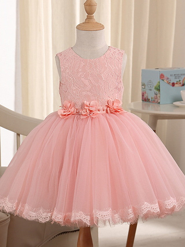 Oknass Sleeveless Jewel Neck Flower Girl Dresses Polyester With Beading
