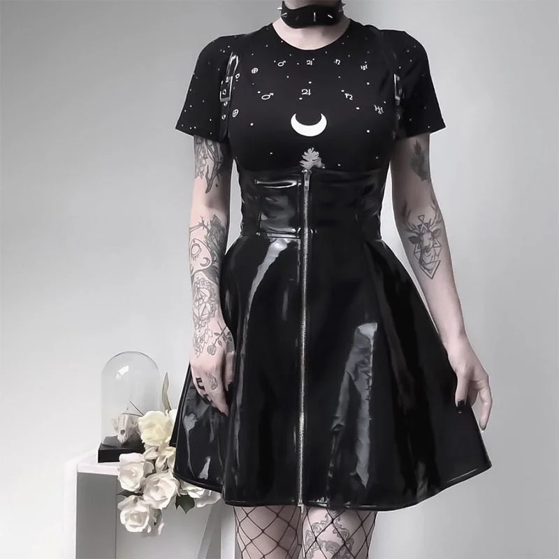 InsGoth Black Leather Skirts Women Gothic Streetwear High Waist Zipper Spaghetti Straps Short Skirts Lady Retro Party Mini Skirt