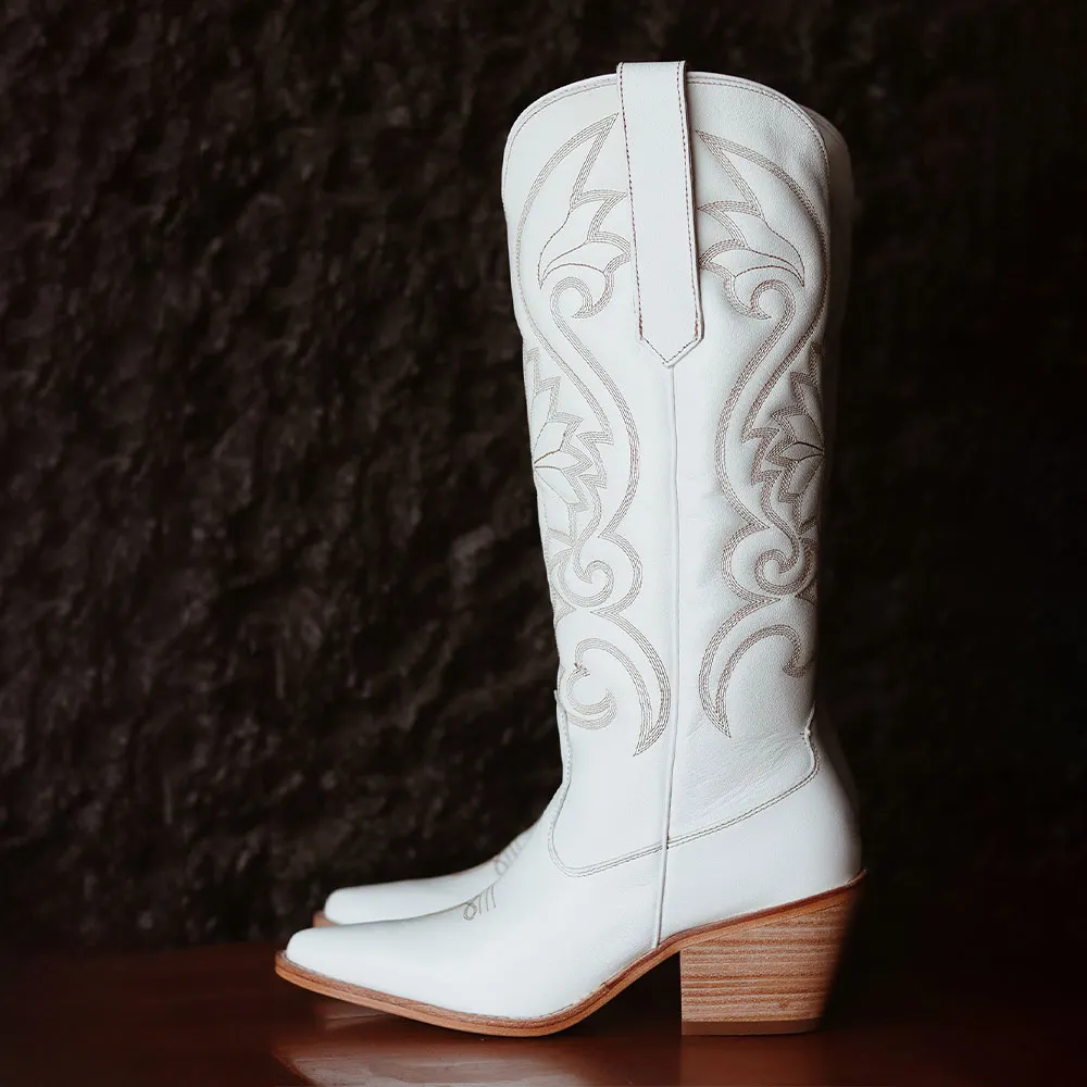 Women's Knee High Snip Toe Block Heel Embroidered White Cowgirl Boots