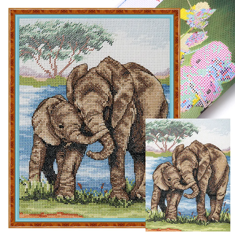 Elephant Mother And Child 11CT Stamped Cross Stitch 50*65CM