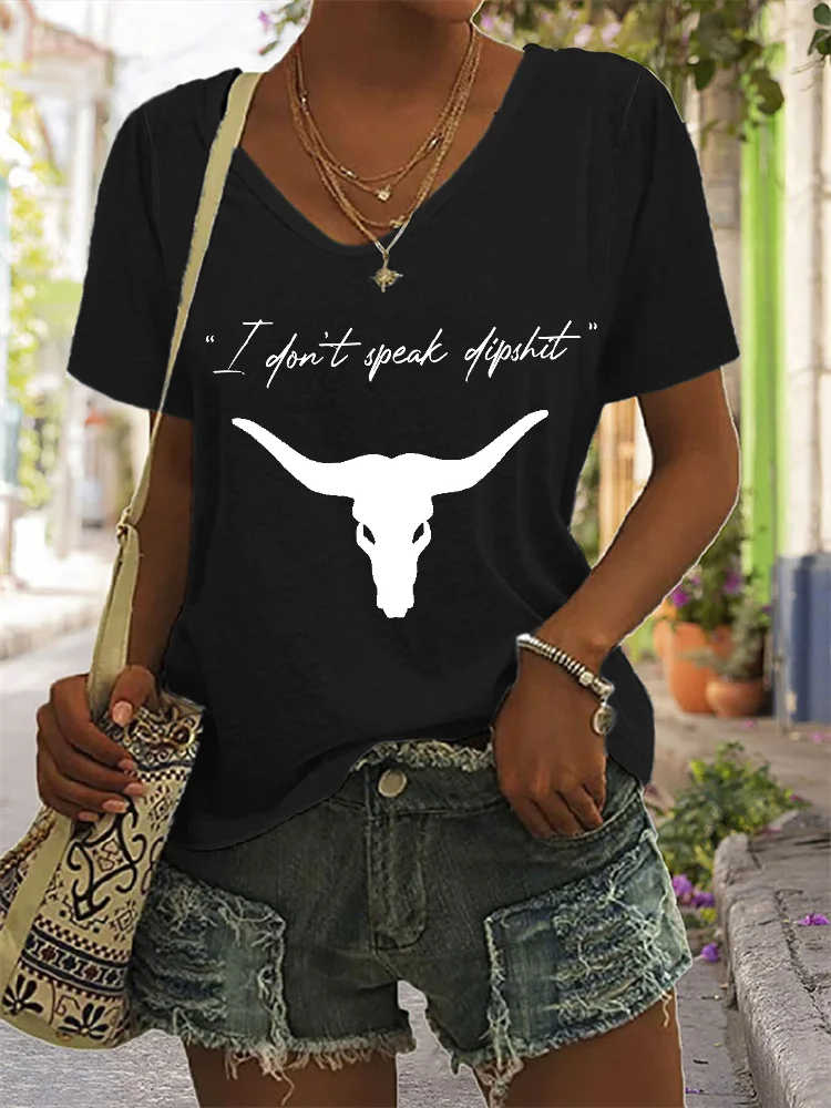 Western Bull Skull Print V Neck Short Sleeve T Shirt