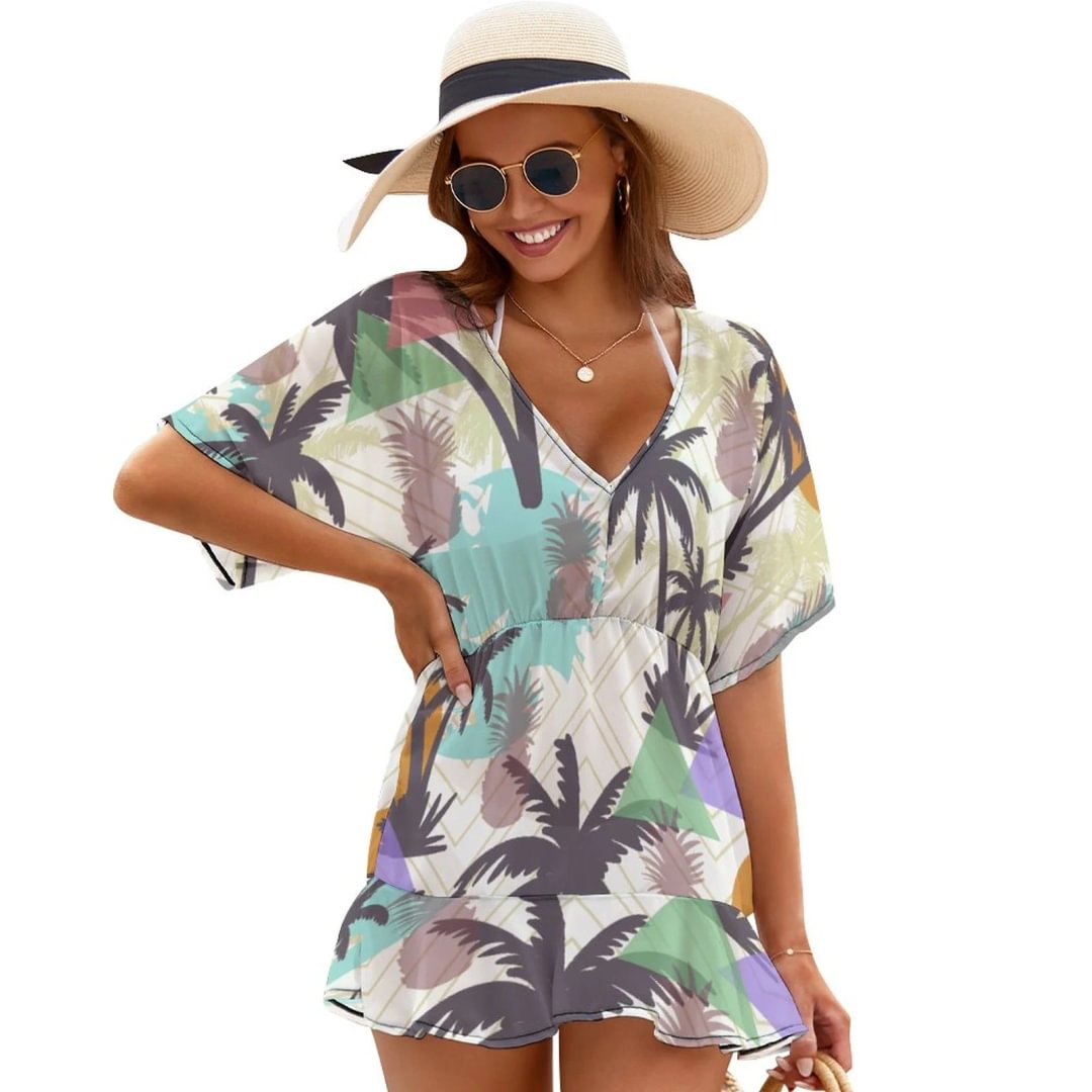 Palmetto Pattern Summer Beach Chiffon Mini Cover Up Dress