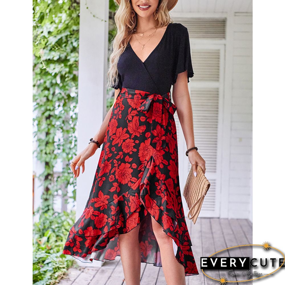 Red Floral Print Splicing V Neck Dress with Slit