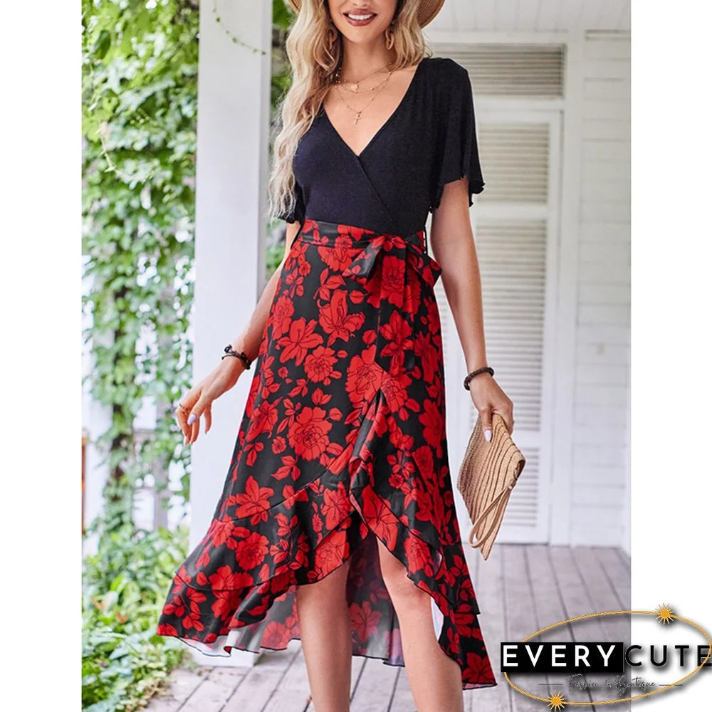Red Floral Print Splicing V Neck Dress with Slit