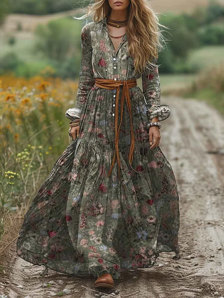 Women's Lapel Vintage Small Floral Print Pocket Cotton A-Line Dress