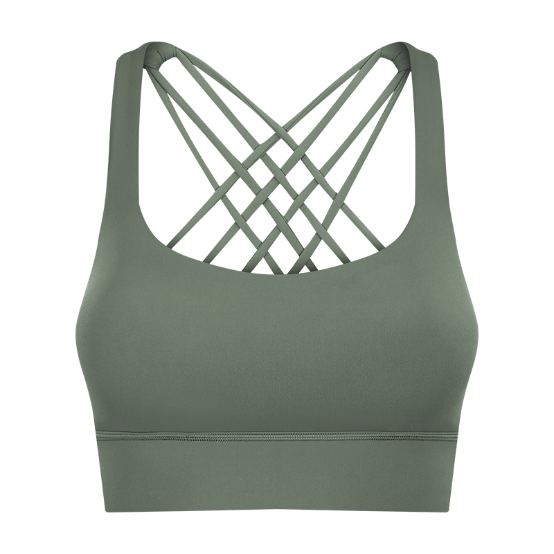 Green gray Hergymclothing widened hem back criss cross straps double sided brushed nylon toe dye shock absorber push up sports bra online shopping