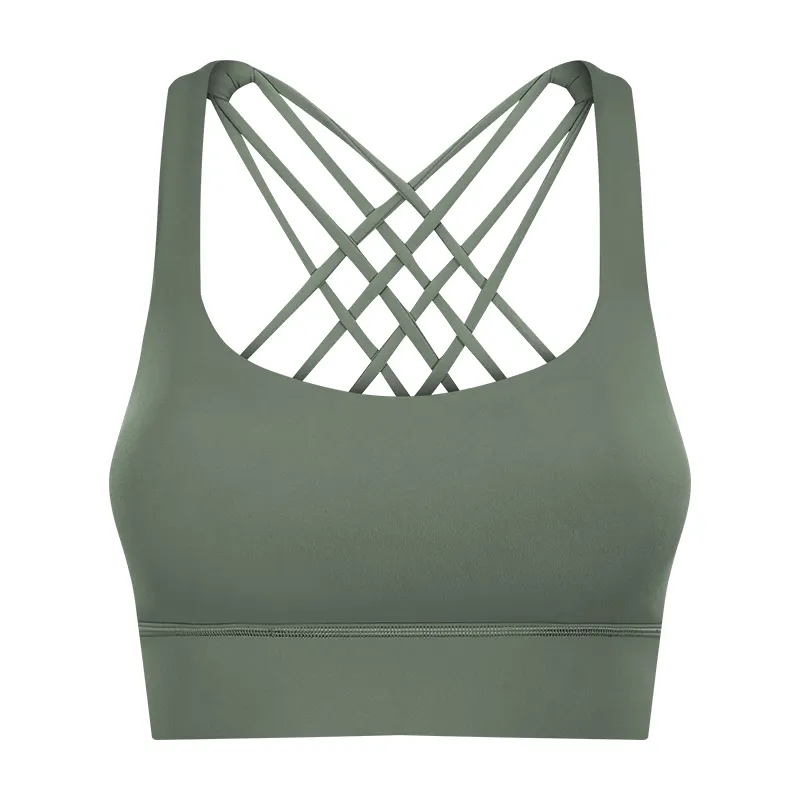 Green gray Hergymclothing widened hem back criss cross straps double sided brushed nylon toe dye shock absorber push up sports bra online shopping