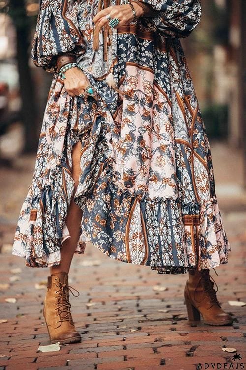 Bohemia Print Long Sleeve Maxi Dress