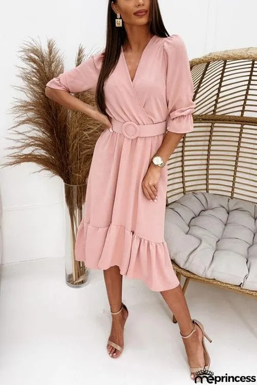 Ruffles V Neck Half Sleeve Dress
