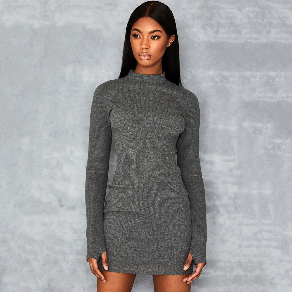Trendy High Neck Cut Out Long Sleeve Rib Knit Mini Dress - Dark Gray