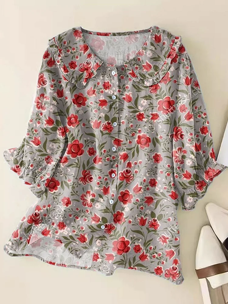 Women's  Fresh Floral Art Print Loose Top Peter Pan Collar Half Sleeve Blouses