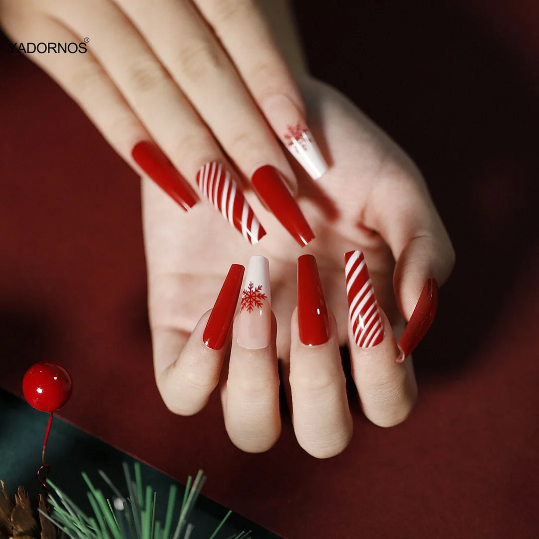 24pcs Christmas Stickers On Nails Patch Glue Type Removable Long coffin Paragraph Fashion Manicure free shipping press on nails-Nail Inspo