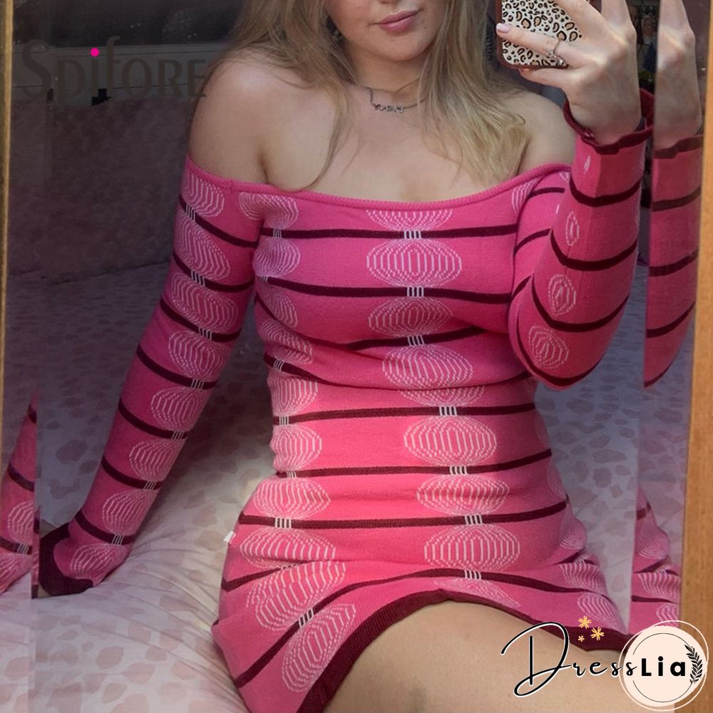 Spifore Off Shoulder Sexy Mini Dress Slash Neck Long Sleeve Bodycon Ladies Outfit Clubwear Party Stretch Knitted Vestidos Winter