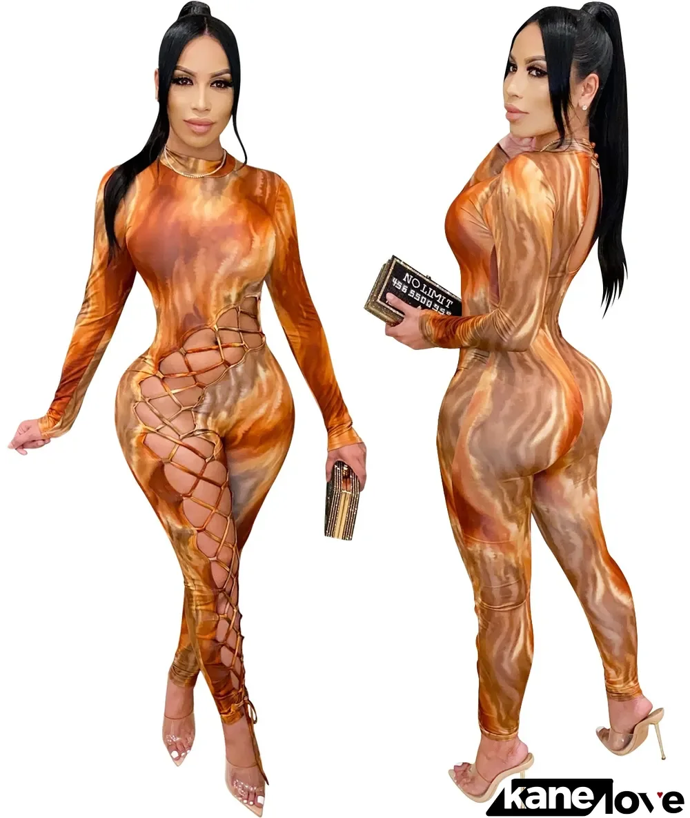 Autumn Party Sexy Lace Up Print Bodycon Jumpsuit