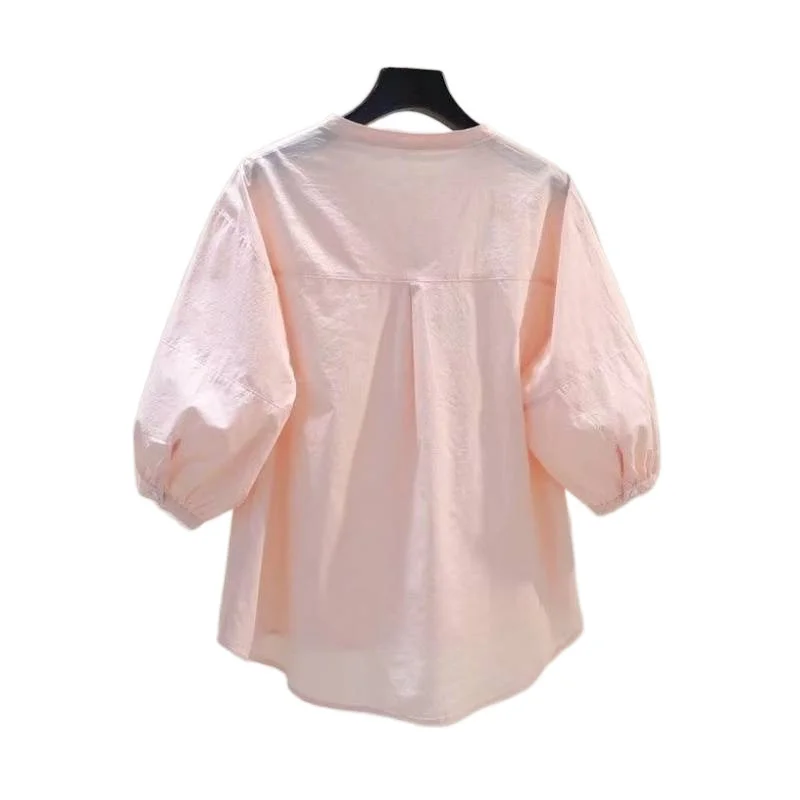 Athvotar Athvotar Lantern Sleeve Cotton Shirt Women Loose Design Casual Shirt 2025 Summer Art Light Blue Top