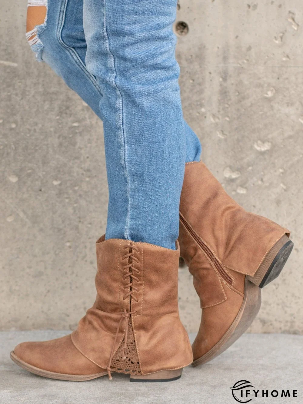 Women's Cross Lace Lace Panel Vintage Chunky Heel Chukkas Booties | IFYHOME