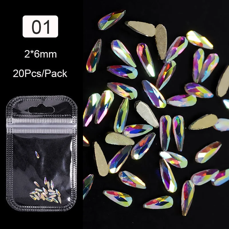20Pcs Nail Art Rhinestones iridescent Flat Shaped Elongated Teardrop Rectangle Colorful Stones For 3D Nails Decoration 13 Colors