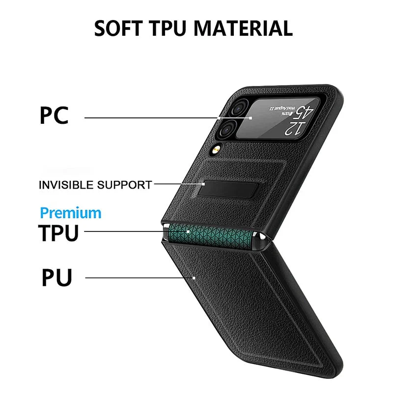 For Samsung Z Flip 3/4 Lychee Pattern Hinge Invisible Kickstand Phone Case