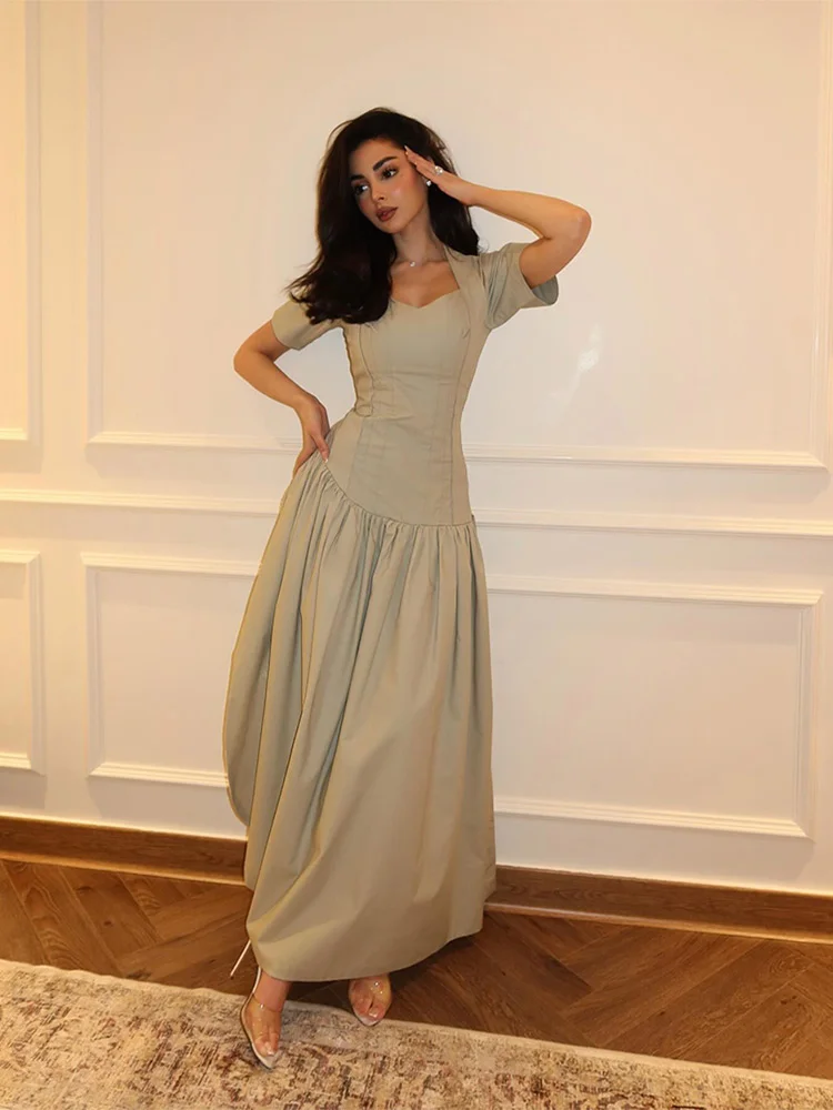 Fitvitalsupplement Elegant Pleated Solid Long Dresses For Women Fashion Square Neck Short Sleeves A-line Dresses 2025 New Lady Evening Party Robes