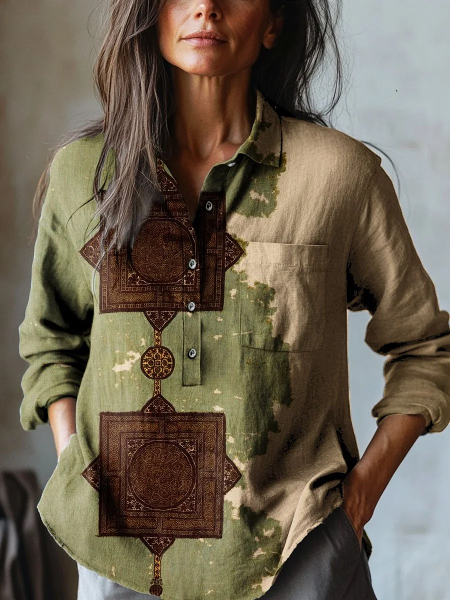 Women's Vintage Floral Art Print Casual Cotton And Linen Shirt