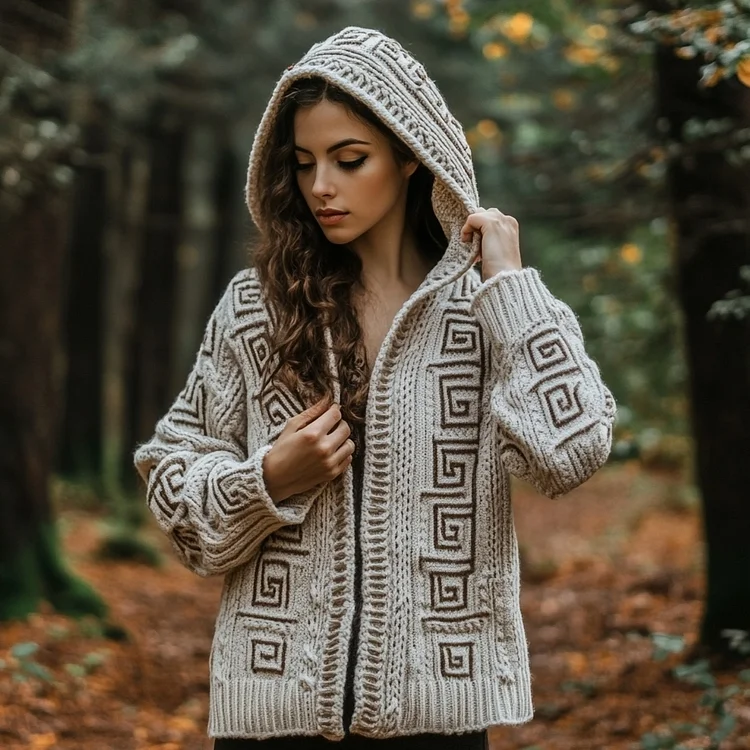 Greek Key Pattern Cozy Hooded Knit Cardigan