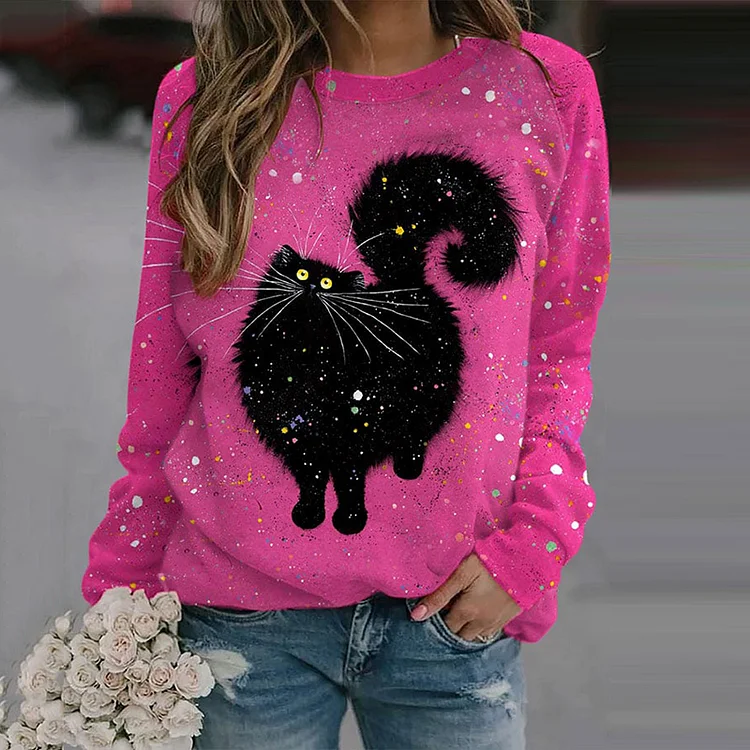 Comstylish Cute Black Cat Print Round Neck Long Sleeve Sweatshirt