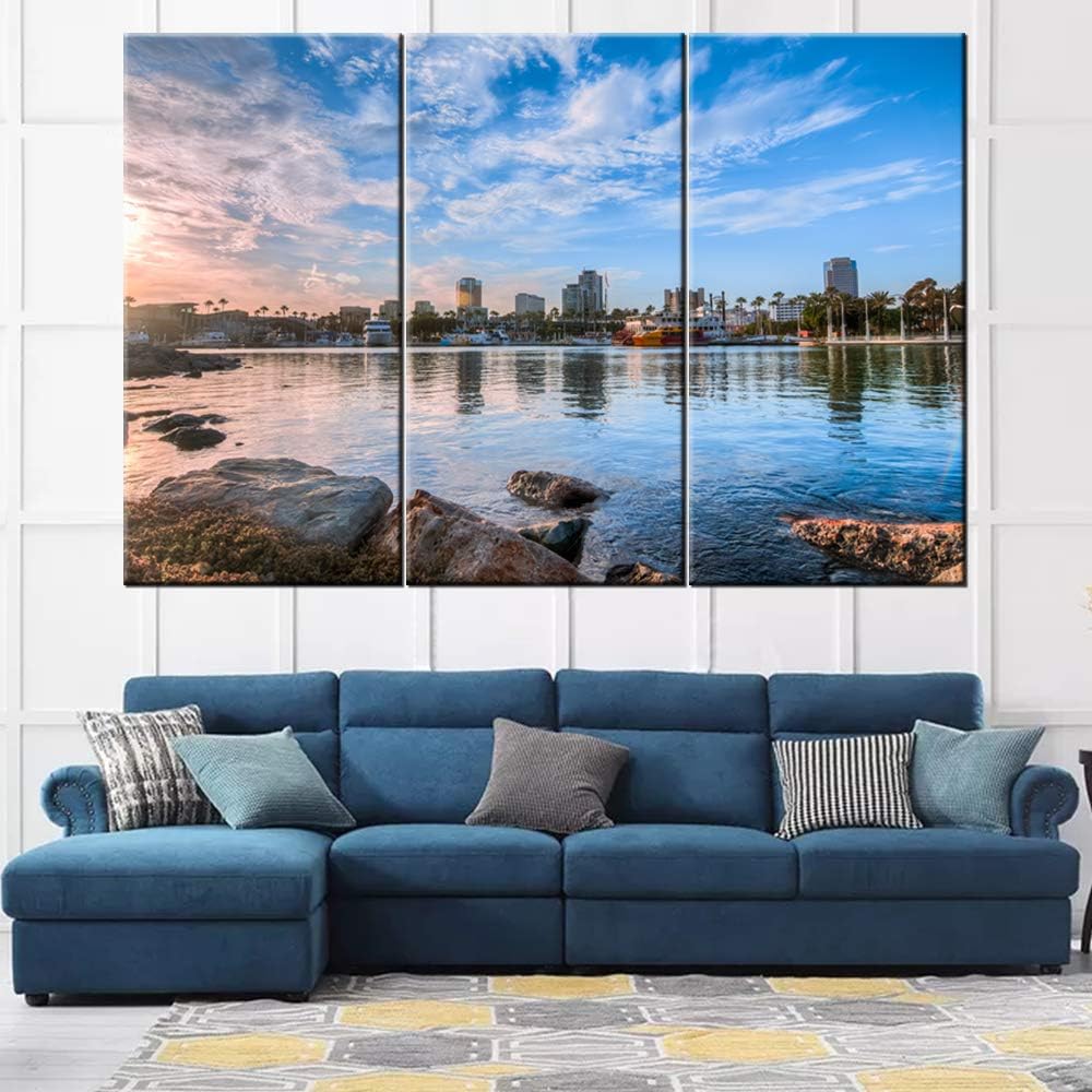 Large Canvas Print Wall Art C Long Beach Harbor Skyline C 40 x 20 Inch Canvas Picture Stretched On Wooden Frame C California Port City Cityscape Giclee Canvas Printing C Hanging Wall Deco Picture 40 x 20 x 3 panels