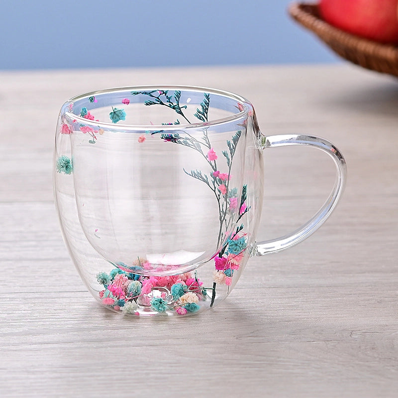 Double-layer Glass Quicksand Flower Cup Borosilicate Glass Double-layer Cup Breakfast Milk Coffee Cup Household Drinking Cup