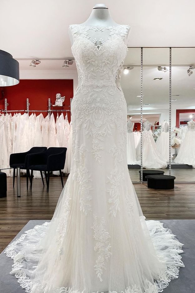 Modern White Long Mermaid Open Back Wedding Dresses With Tulle Lace | Ballbellas Ballbellas