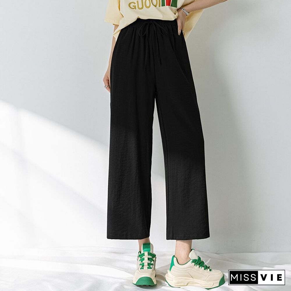 Chic Streetwear Women Y2k Cotton Linen Wide Leg Pants Summer Elastic Waist Ankle-length Pants Lace Up Harajuku Casual Pants